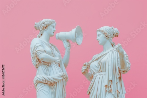 Two marble statues interacting with a megaphone against a pink background in daylight