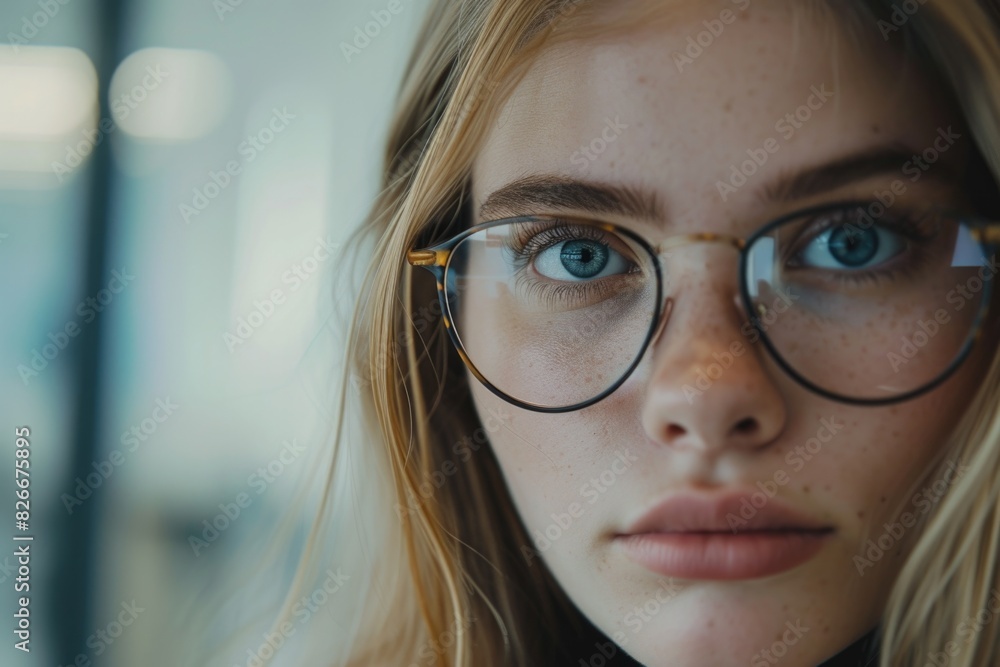 A woman with glasses and blue eyes. She is looking at the camera. The glasses are brown and black A woman with glasses and blue eyes. She is looking at the camera. The glasses are brown and black