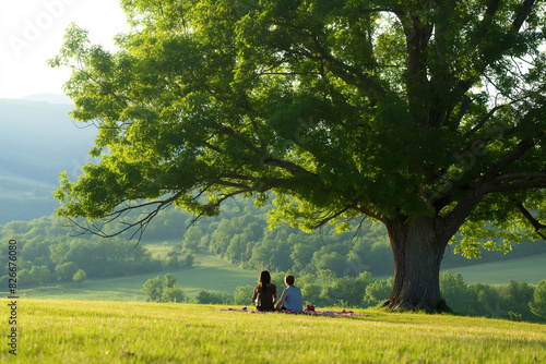 two people having picnic sitting on a tree © Aitch