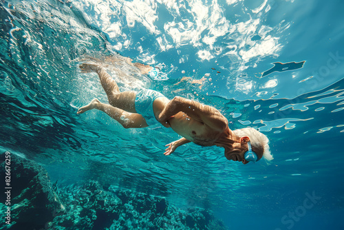 Senior man swimming underwater in the ocean, concept of active aging and exploration.