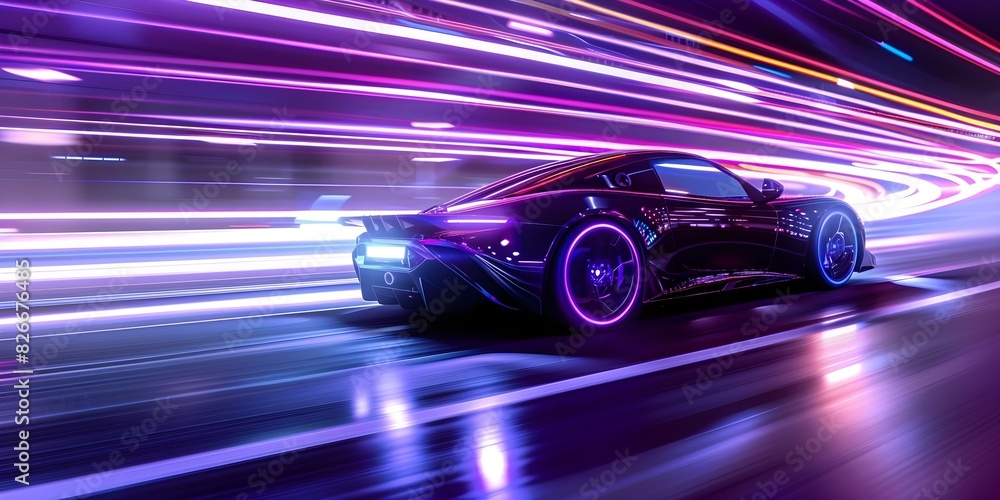 Speeding through a neonlit night highway, a futuristic sports car races with colorful lights. Concept Action, Future Technology, Speed, Nightlife, Car Racing