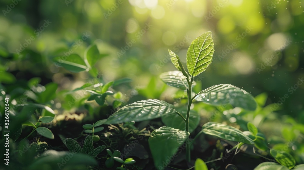 Fototapeta premium A leafy green plant is growing in a lush green field. The plant is small and has a bright green color. The field is full of other plants, creating a vibrant and healthy environment