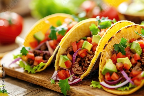 Three tacos with lettuce, tomatoes, and onions on a wooden table