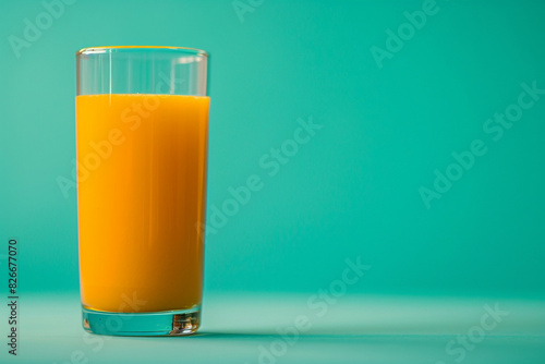 Orange juice glass on solid aquamarine background.