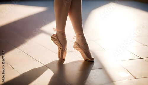 A ballerina s feet in pointe shoes on a dance floor