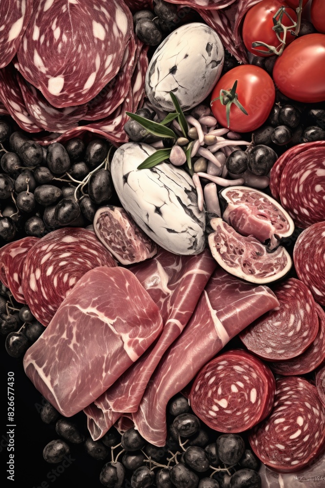 A variety of meats and vegetables are displayed on a table. The meats include ham, salami, and sausage, while the vegetables include tomatoes, olives, and mushrooms. Concept of abundance and variety A variety of meats and vegetables are displayed on a table. The meats include ham, salami, and sausage, while the vegetables include tomatoes, olives, and mushrooms. Concept of abundance and variety