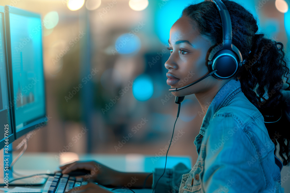 closeup portrait of an African American woman with headphones on, working at her desk in front of a computer screen. She is actively assisting clients over the phone as a call cent closeup portrait of an African American woman with headphones on, working at her desk in front of a computer screen. She is actively assisting clients over the phone as a call cent