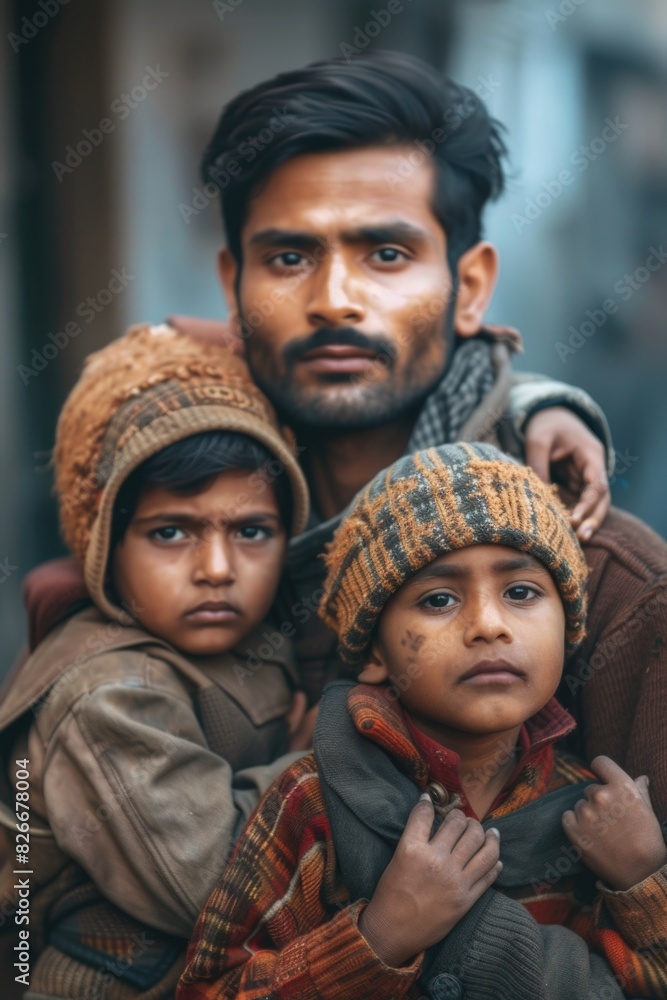 A man is holding two children, one of whom is wearing a hat. The children are wearing brown and red clothing. Scene is warm and loving, as the man is embracing his children A man is holding two children, one of whom is wearing a hat. The children are wearing brown and red clothing. Scene is warm and loving, as the man is embracing his children