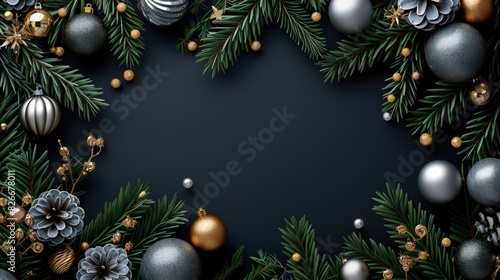 A Christmas tree with many ornaments and a black background. The tree is surrounded by a frame of green leaves