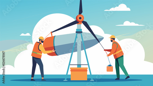 Two technicians using specialized lifting equipment to replace a damaged nacelle the main housing unit at the top of a wind turbine.. Vector illustration