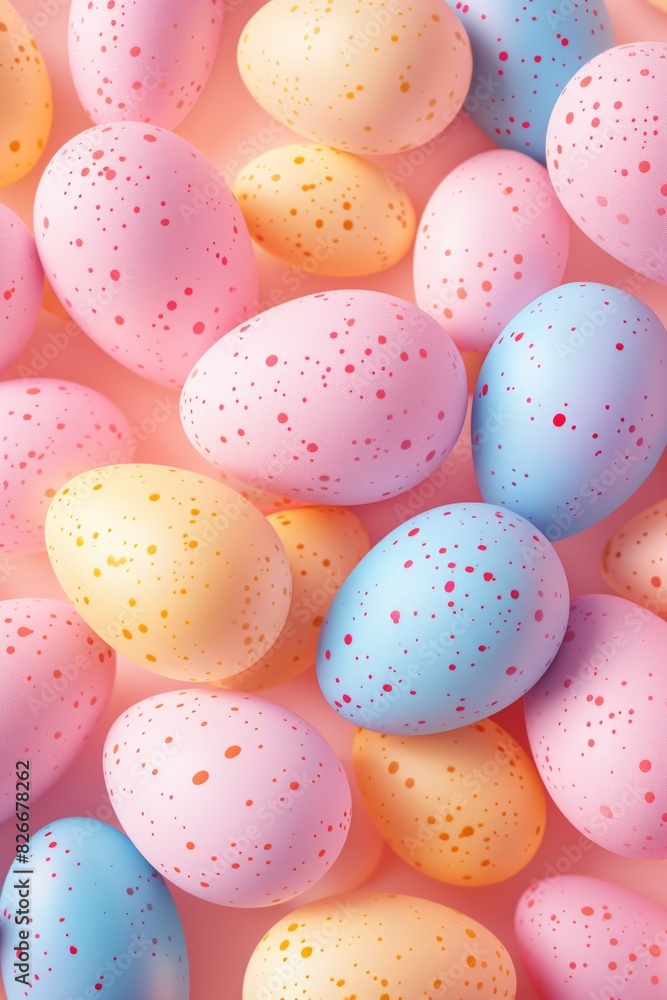 A close up of a bunch of colorful eggs with white spots. The eggs are in various colors, including pink, yellow, and blue. Concept of playfulness and joy