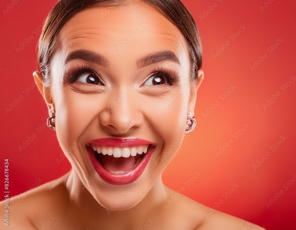 A women Eyes wide with excitement, mouth open in a delighted grin. red background A women Eyes wide with excitement, mouth open in a delighted grin. red background