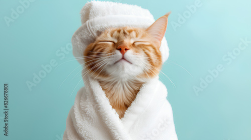 A cute red-haired cat after bathing, in a white bathrobe and a white terry cap on his head. photo