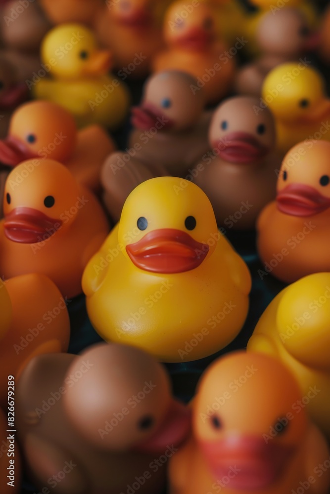 A bunch of rubber ducks are in a row, with one of them being yellow. The ducks are all different colors, including brown and orange A bunch of rubber ducks are in a row, with one of them being yellow. The ducks are all different colors, including brown and orange