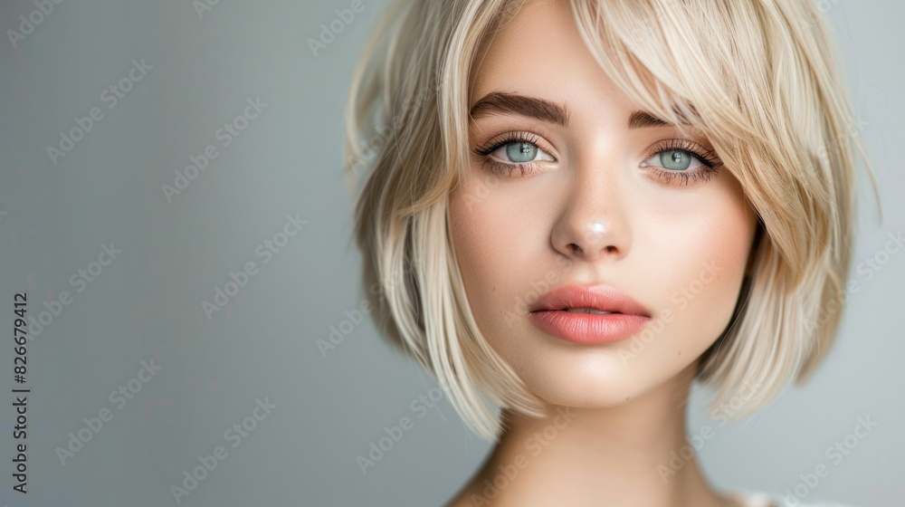 Short Blonde Hair. Beautiful Woman with Short Bob Haircut on Gray Background Short Blonde Hair. Beautiful Woman with Short Bob Haircut on Gray Background