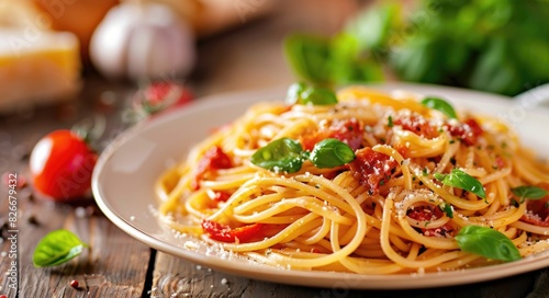 Italian Pasta: Spaghetti alla Amatriciana with Pancetta Bacon, Tomatoes, and Pecorino Cheese