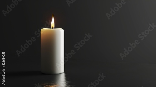 A candle is lit on a dark background. The candle is white and the flame is yellow