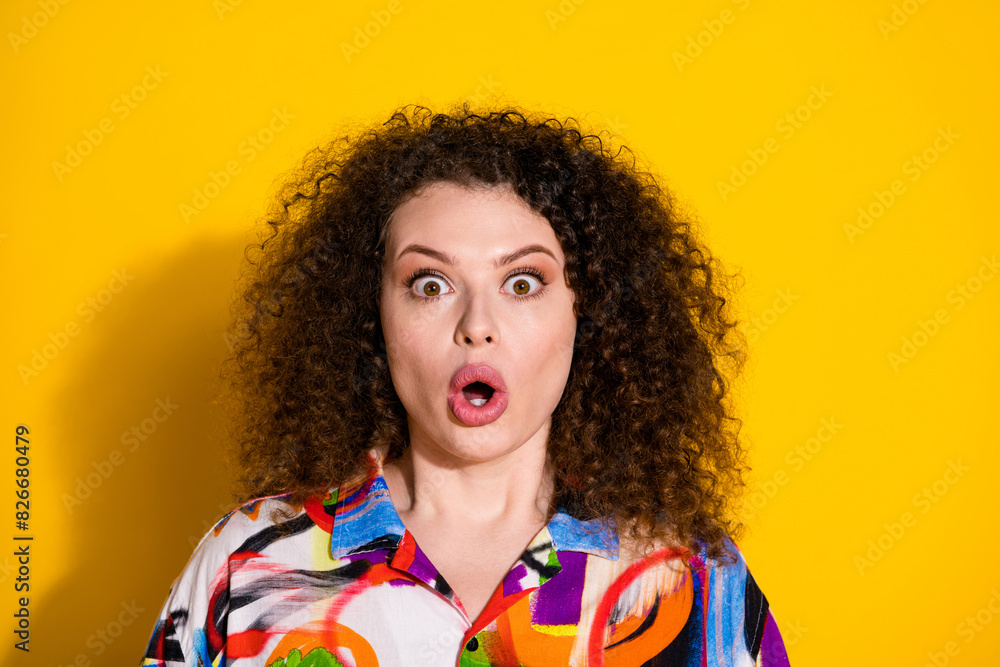 Photo portrait of lovely young lady amazed frightened face dressed stylish colorful print garment isolated on yellow color background