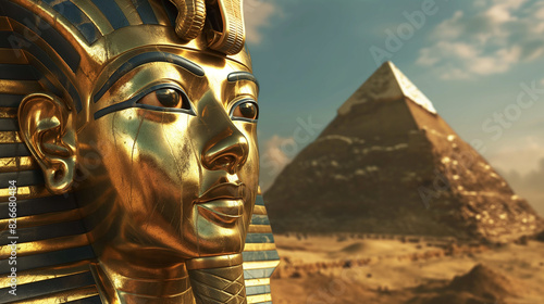 Máscara dourada do Faraó, cena panorâmica do Egito em 3d photo