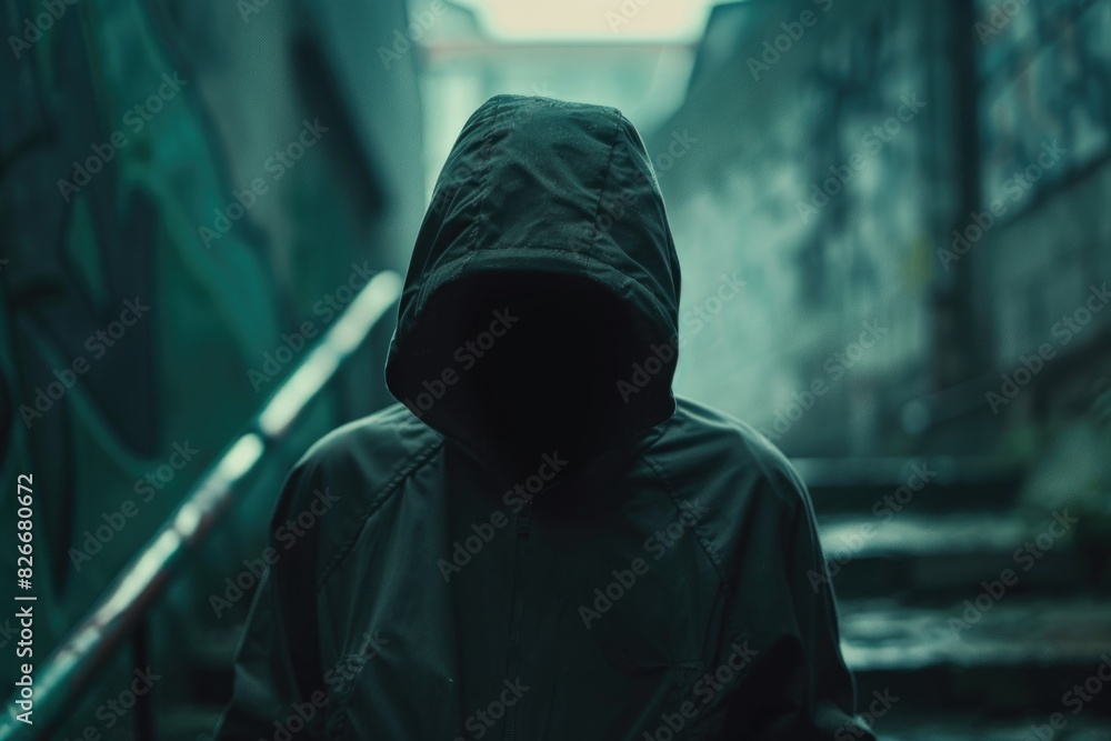A person wearing a hooded jacket is standing in front of a staircase. The image has a dark and mysterious mood, with the person's hooded jacket and the staircase creating a sense of depth and intrigue A person wearing a hooded jacket is standing in front of a staircase. The image has a dark and mysterious mood, with the person's hooded jacket and the staircase creating a sense of depth and intrigue