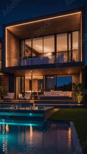 Sleek villa with vibrant LED lighting at night.