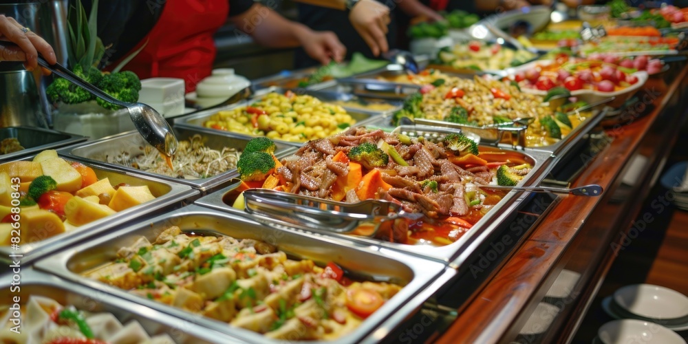 A buffet table with a variety of food, including broccoli, carrots, and meat. The table is set up for a large group of people to enjoy the meal