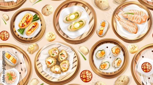Seamless pattern of Dim Sum Dishes Graphic Wallpaper: Stylish Restaurant Advertisements and Promotions