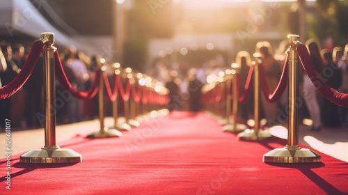 A red carpet with a line of people walking down it photo