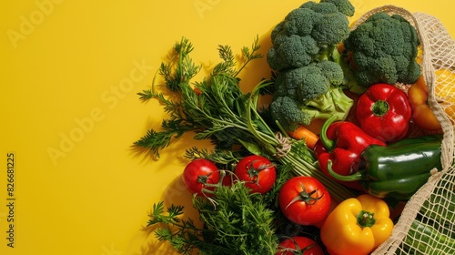 Mesh sack filled with assorted vegetables spread out on a yellow surface with room for text