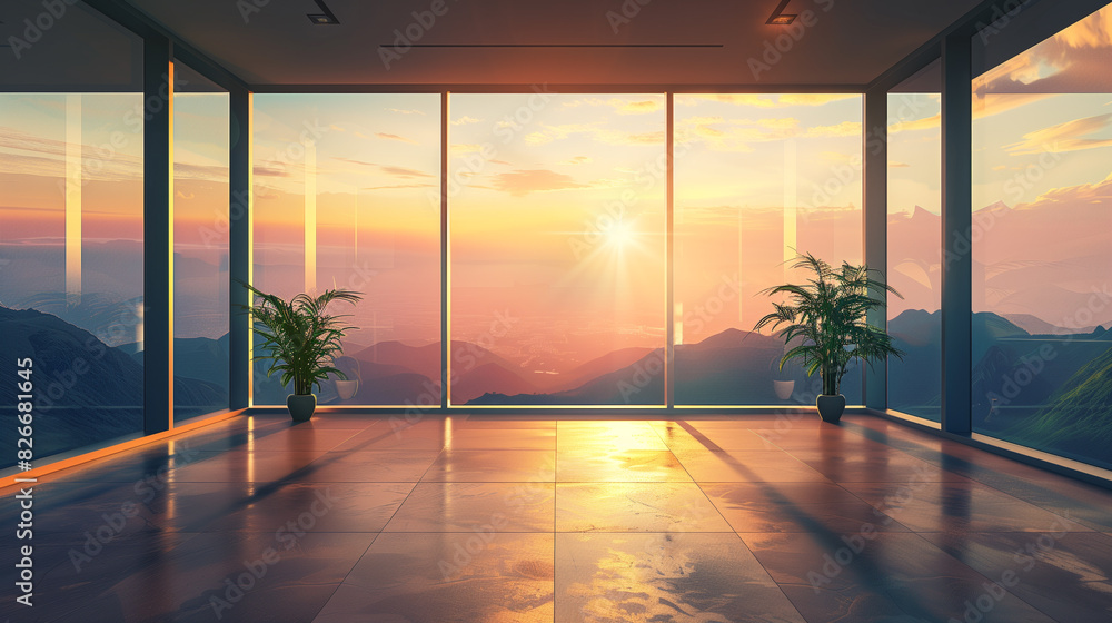 Sunset view through floor-to-ceiling windows in a high-rise office ...