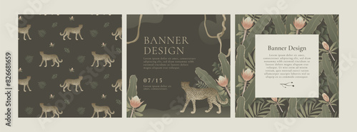 Exotic wildlife square card templates with cheetah and jungle. Seamless pattern design of African nature. Greetings set with text place for social media.