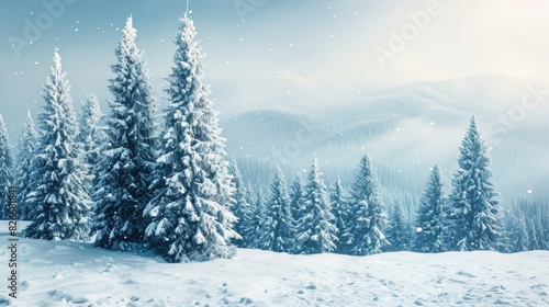 A snowy landscape with pine trees and mountains in the background. The trees are covered in snow and the sky is clear. The scene is peaceful and serene  with the snow-covered ground
