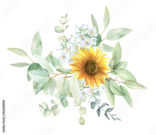 Watercolor sunflower bouquet png, sunflower composition, sunflower wedding border, hand drawn watercolour