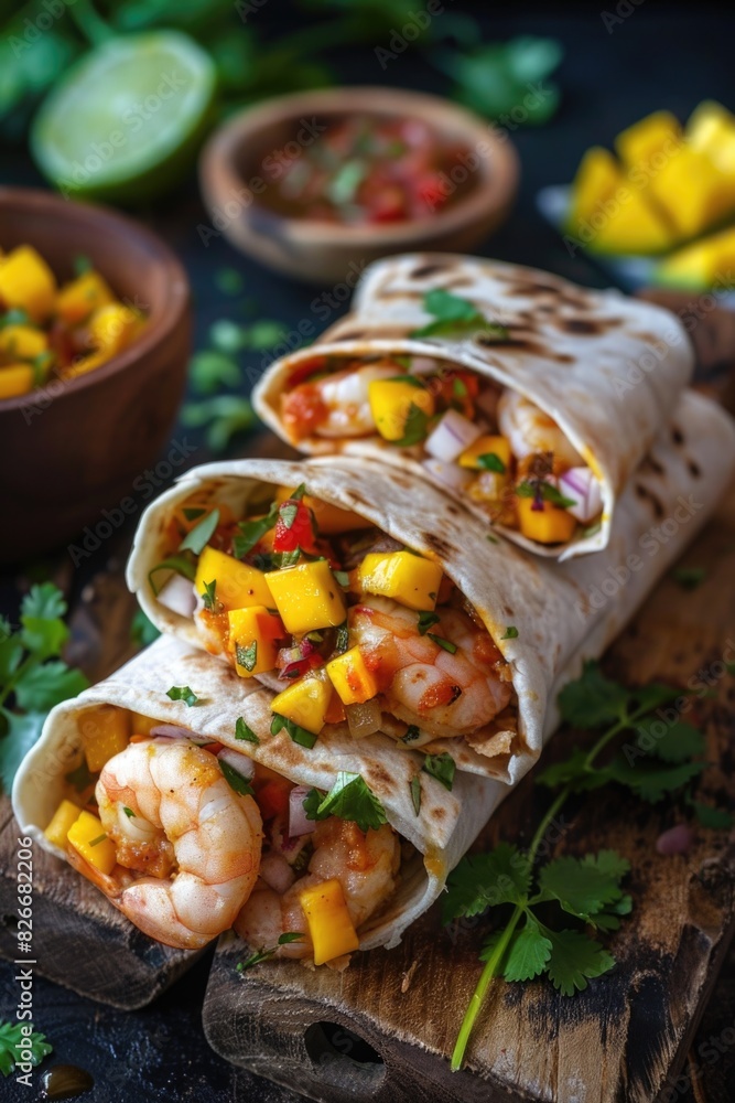 Three tacos with shrimp and mango salsa on a wooden table. The tacos are piled on top of each other, and there is a bowl of salsa next to them. The scene is inviting and appetizing