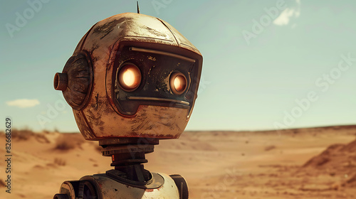 Solitary Robot in Hot Desert Landscape