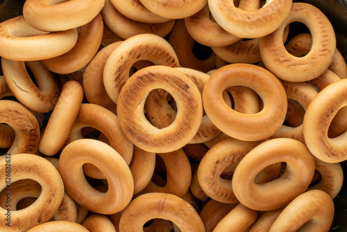 Several delicious bagels, macro, top view.