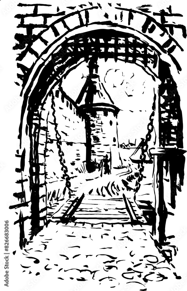 Naklejka premium Medieval Castle Gate. Watercolor Illustration