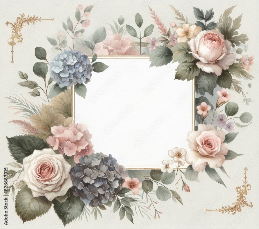 Elegant floral frame with pastel roses and hydrangeas for invitations, announcements, or greetings. Elegant floral frame with pastel roses and hydrangeas for invitations, announcements, or greetings.