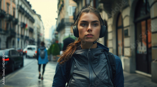 A woman wearing headphones and a backpack is walking down a city street. She is wearing a blue jacket and has a backpack on her back