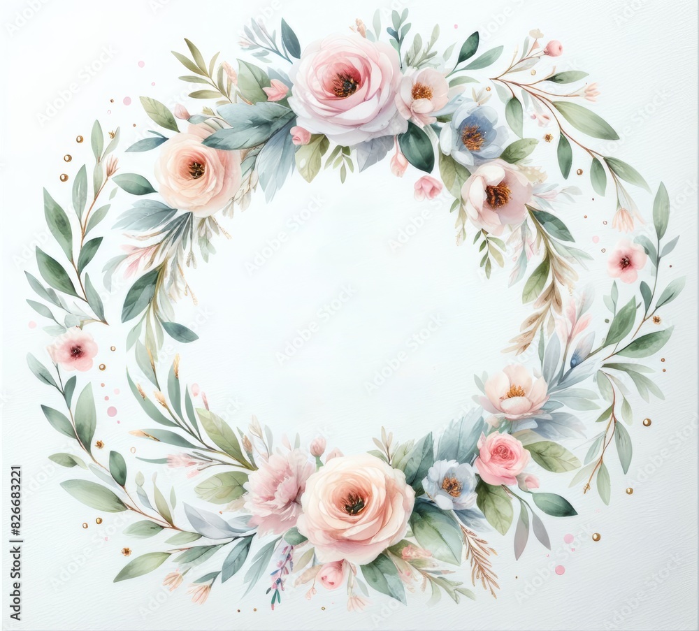 Delicate floral wreath in pastel pink and green, ideal for invitations, greeting cards, and decor. Delicate floral wreath in pastel pink and green, ideal for invitations, greeting cards, and decor.