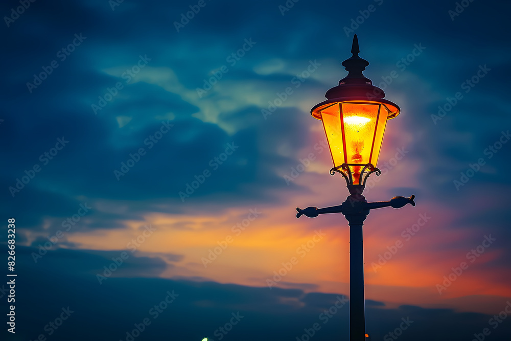 A lit streetlight against a dusk sky