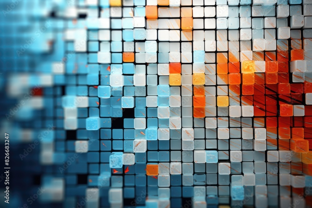 Fototapeta premium A colorful abstract background with squares of different colors. The background is blue and white with orange and red squares