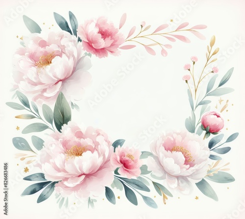 Elegant floral frame with pink peonies and green leaves on white background, ideal for invitations.