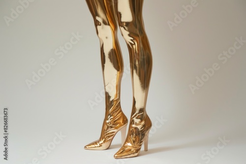 A pair of gold thigh high boots with a shiny, reflective surface. The boots are on a white background