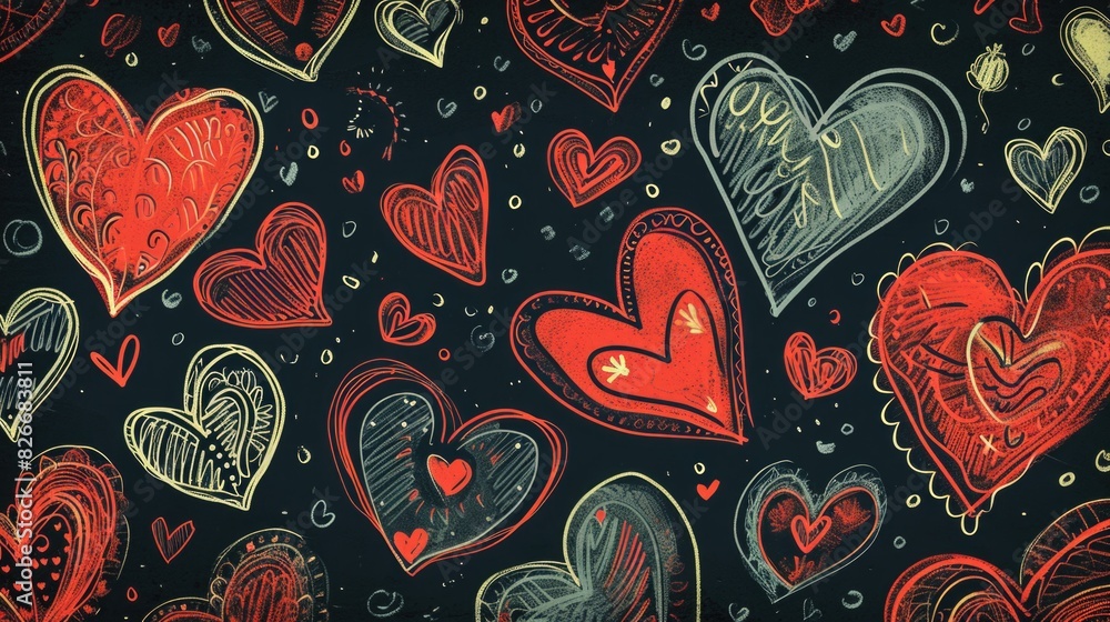 A black and red heart patterned background with many small hearts drawn on it. The hearts are in various sizes and are scattered throughout the image. Scene is playful and whimsical A black and red heart patterned background with many small hearts drawn on it. The hearts are in various sizes and are scattered throughout the image. Scene is playful and whimsical