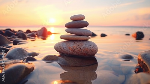 A stack of rocks on a beach at sunset. The rocks are arranged in a pyramid shape. The scene is serene and peaceful  with the sun setting in the background