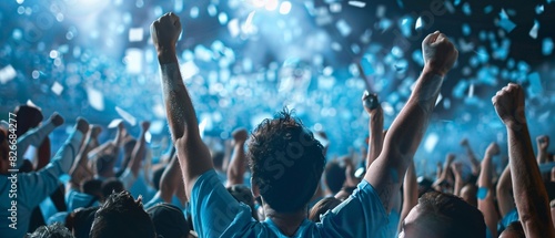 group of Sky Blue football team fans cheer and celebrating a winning tournament or winning league in stadium. the fans wearing sky blue shirt . Generative AI