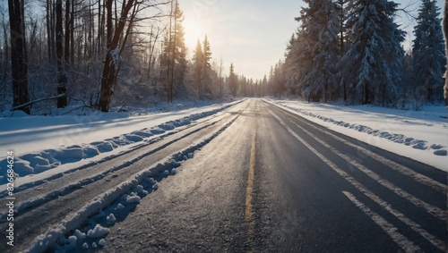 Snowy road on a bright winter day. © xKas