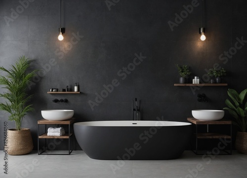 a sleek bathroom vanity in a minimalist  dark bathroom