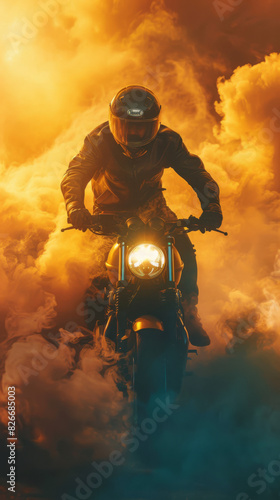 Yellow and Blue Motorcycle Rider in Smoky Sunset  © Creative Valley